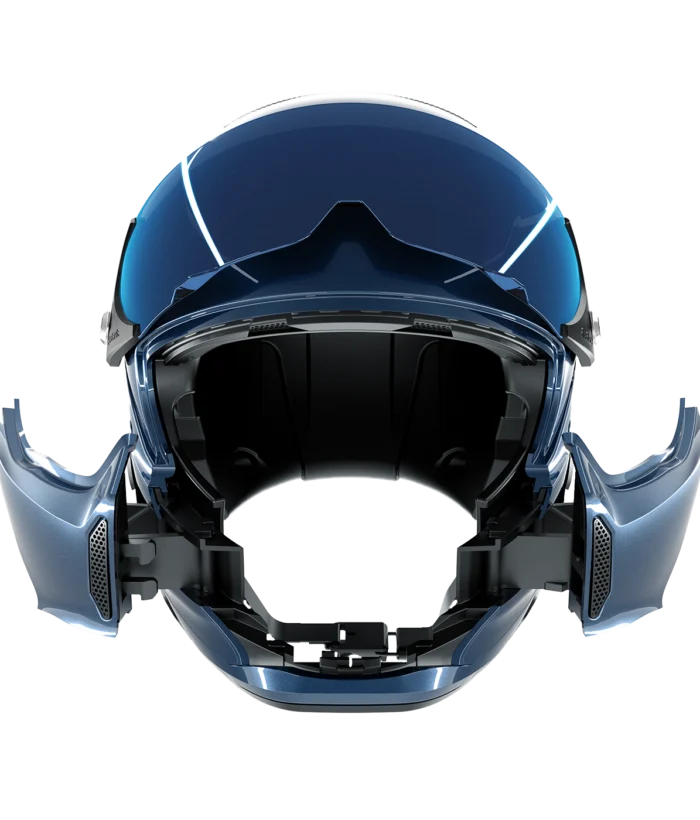 Open side panels front view of motorcycle helmet