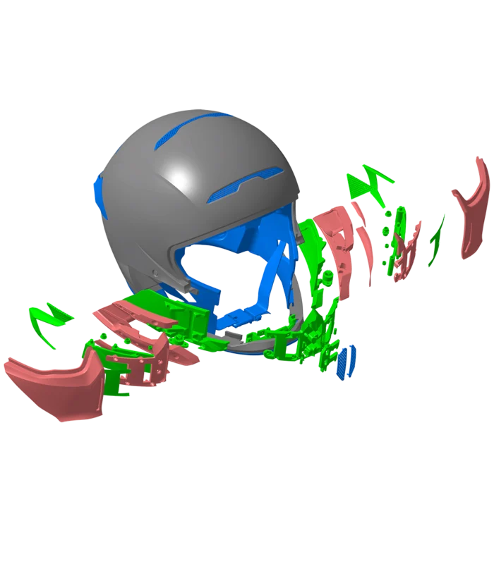 Exploded CAD model view of motorcycle helmet